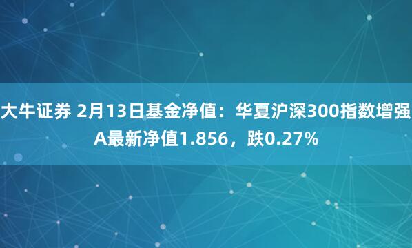 大牛证券 2月13日基金净值：华夏沪深300指数增强A最新净值1.856，跌0.27%